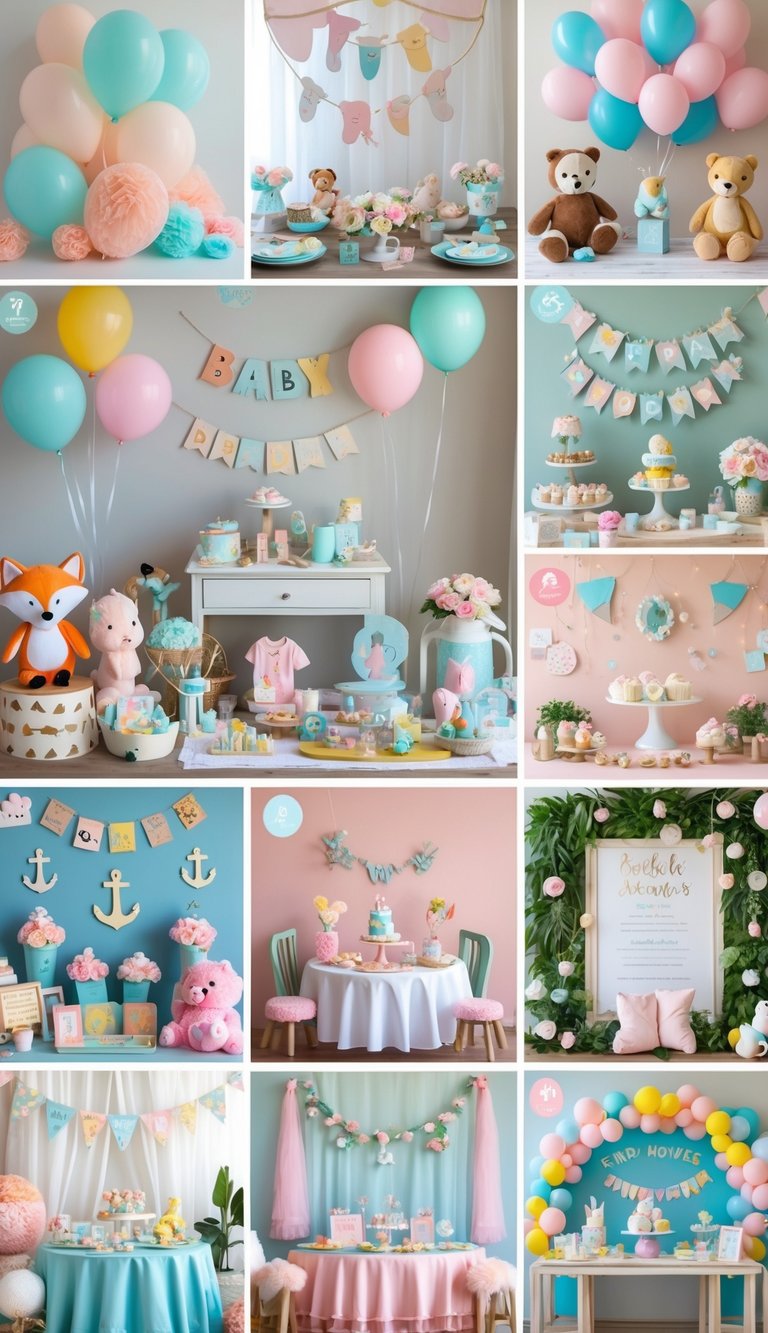 A collage of 13 different baby shower setups featuring various decorations like balloons, stuffed animals, themed props, and floral arrangements.